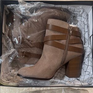 Material Girl Taupe and Brown Heeled Boots
